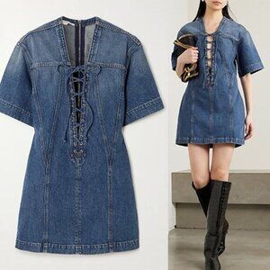 NWT Stella McCartney Lace Detail Short Sleeve Denim Mini Dress Blue Size: Large